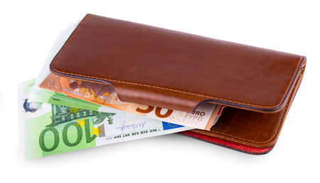 The leather wallet and withdrawing European currency