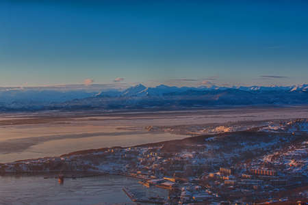 Panoramic view of the city Petropavlovsk-Kamchatsky and volcanoes