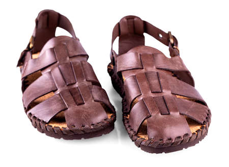 The leather brown men's sandals on whiteの写真素材