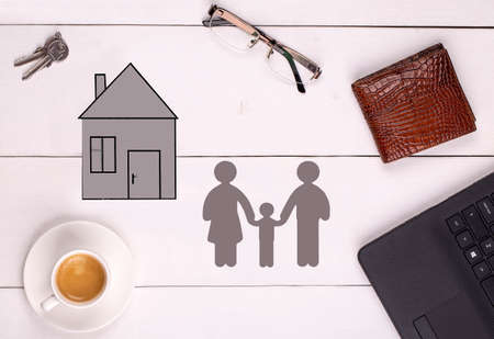 Concept family in paper on wood. Horizontal composition.Top view.の写真素材