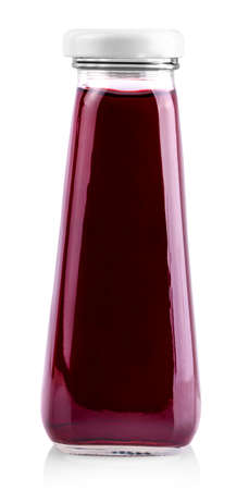 cherry juice in glass bottle isolated on white backgroundの写真素材