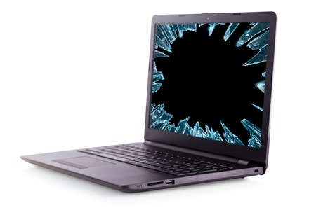laptop with broken blank  screen. Isolated on white backgroundの写真素材