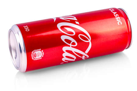 KAMCHATKA, RUSSIA - June 05, 2019: Editorial photo of Closeup aluminum red can of Coca-Cola produced...