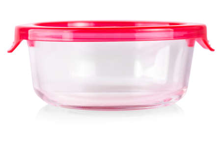 glass food container with red plastic lid isolated on white background