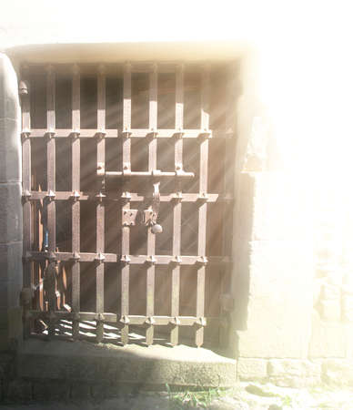 The vintage metal lattice on the door in the bright sunlight
