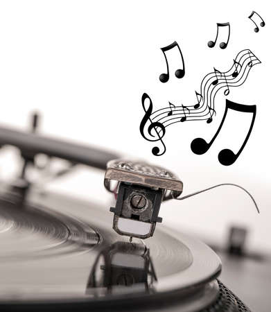 Old dusty vinyl turntable player isolated over white backgroundの写真素材