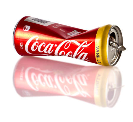 KAMCHATKA, RUSSIA - May 17, 2020: Recycle can, Crumpled aluminum can. Coca Cola is American beverage...