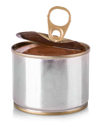The open canned food with pet food on a white background