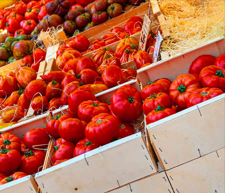 the red tomatoes on the market in wooden boxesの写真素材