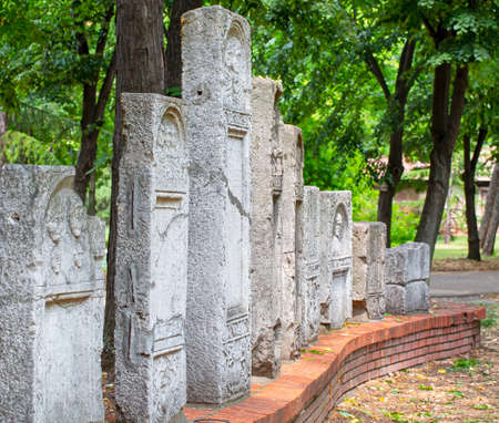 The old roman tombstones with reliefs from Nis, Serbia.の写真素材