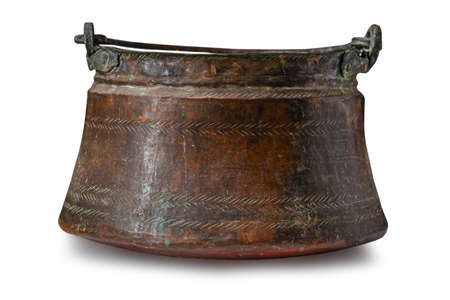 close up antique vintage open brass pot isolated on white backgroundの写真素材