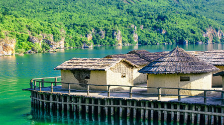 Old Ancient Village Reconstruction on Lake Ohrid in Macedoniaの写真素材