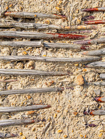 Wicker wall with clay of old rural village farm barnの写真素材