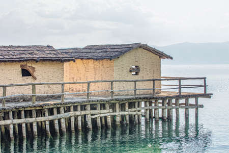Old Ancient Village Reconstruction on Lake Ohrid in Macedoniaの写真素材