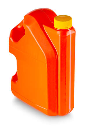 red canister with yellow lid isolated on white backgroundの写真素材