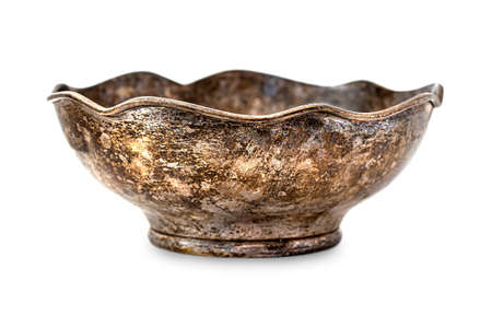 The Old antique bronze bowl, brass bowl isolated on white backgroundの写真素材