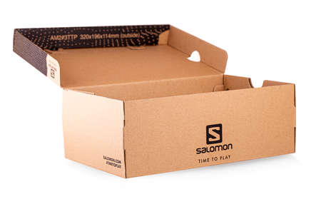 Salomon Sign On Salomon Shoe Box isolated on white backgroundのeditorial素材