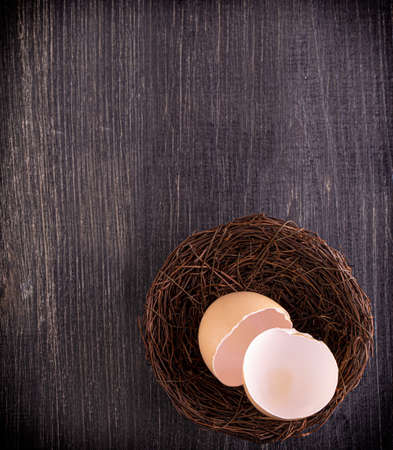 broun broken egg shells in the nest on wooden surface