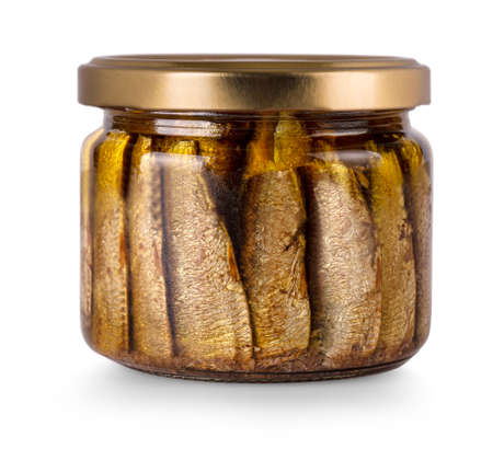 glass jar sprot are sardines isolated on a white background.