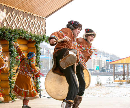 Folk ensemble performance in dress of indigenous people of Kamchatka. Selective focusのeditorial素材