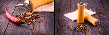 Set of Black pepper corns, red hot chili pepper and Black pepper Powder on wooden background