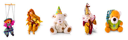 set Childrens dolls and toys isolated on white backgroundの写真素材