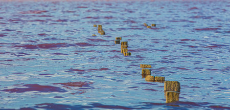 pink salt lake in Crimea with old wooden postsの写真素材