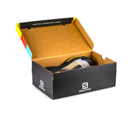 Salomon Sign On Salomon Shoe Box isolated on white backgroundのeditorial素材