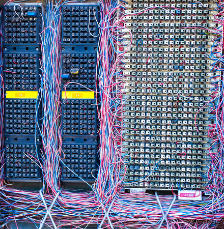 Telephone wires panel and Switchboard Panel. Selective focus