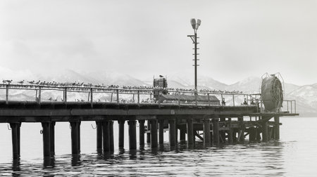 Gulls on the old pier on the shore and fog