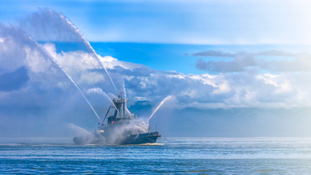 Fire hose boat spraying water on Kamchatka on Paciic ocean on sunlightの写真素材
