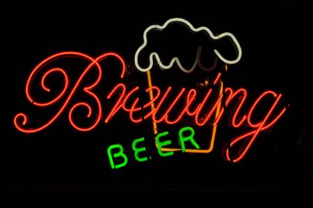 Beer Brewing Neon Light Sign with Frosty Mugの写真素材