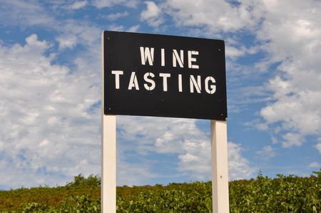 Wine Tasting Sign at Vineyard in California with Blue Skyの写真素材