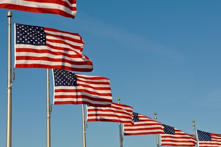 American Flags blowing in the wind at Washington Monumentの写真素材