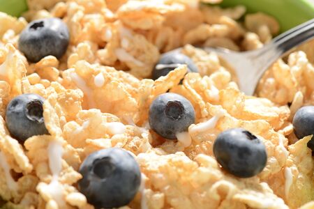 Cereal Close Up with Blueberries and a Spoonの写真素材