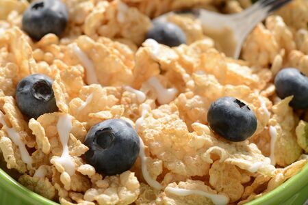 Bowl of Cereal with Blueberries Close Upの写真素材