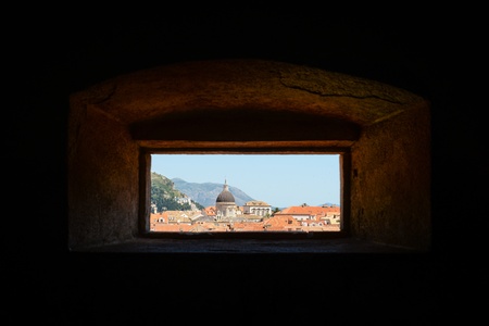 City of Dubrovnik in Croatia through a windowの写真素材