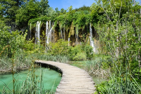 Waterfall and Wooden Path in Croatiaの写真素材