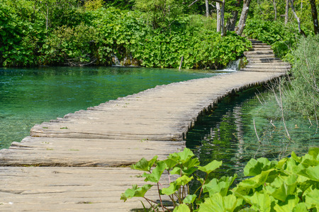 Wooden Bridge over a Pond in Plitvice National Parkの写真素材