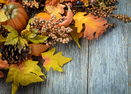 Autumn leaves and berry over wooden background for Thanksgivingの写真素材