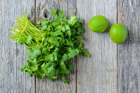 Cilantro and Limes on Rustic Wood Backgroundの写真素材