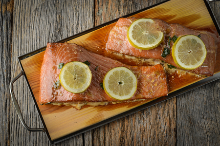 Grilled Salmon cooked on a Cedar Plankの写真素材