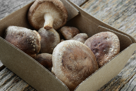 Shitake Mushroom in Cardboard Packaging on Wood Backgroundの写真素材