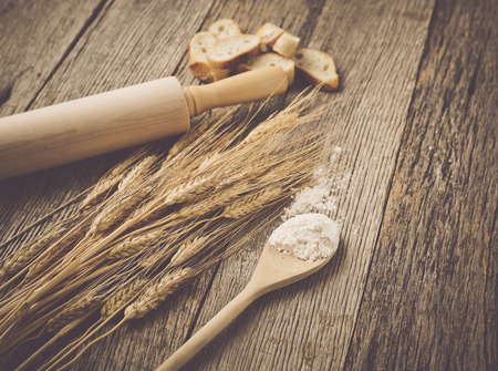 Rolling Pin with Wheat, Flour and Breadの写真素材