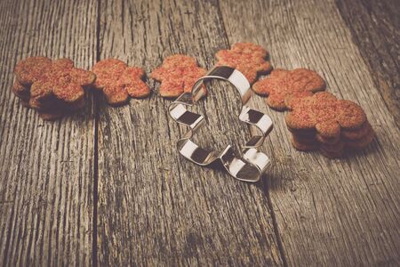 Gingerbread Cookie and Cutter on Wood Background