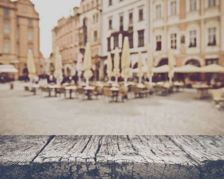 Blurred Empty Cafe in European Cityの写真素材