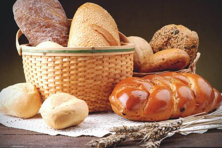 Wicker basket with assortment of baked bread