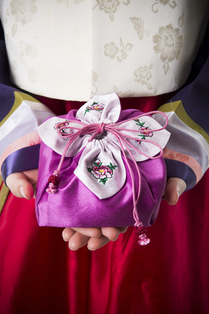 Portrait of Young Asian Couple in Korean Traditional Clothes, Hanbokの写真素材
