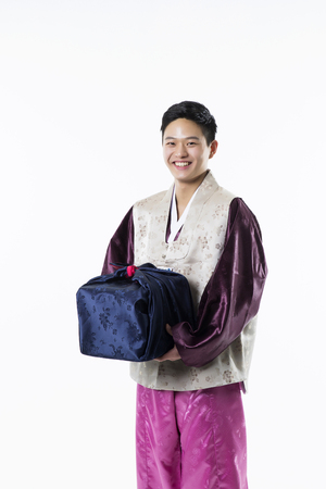Portrait of Young Asian Couple in Korean Traditional Clothes, Hanbokの写真素材