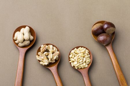 Different Types of Nuts on Wooden Ladles